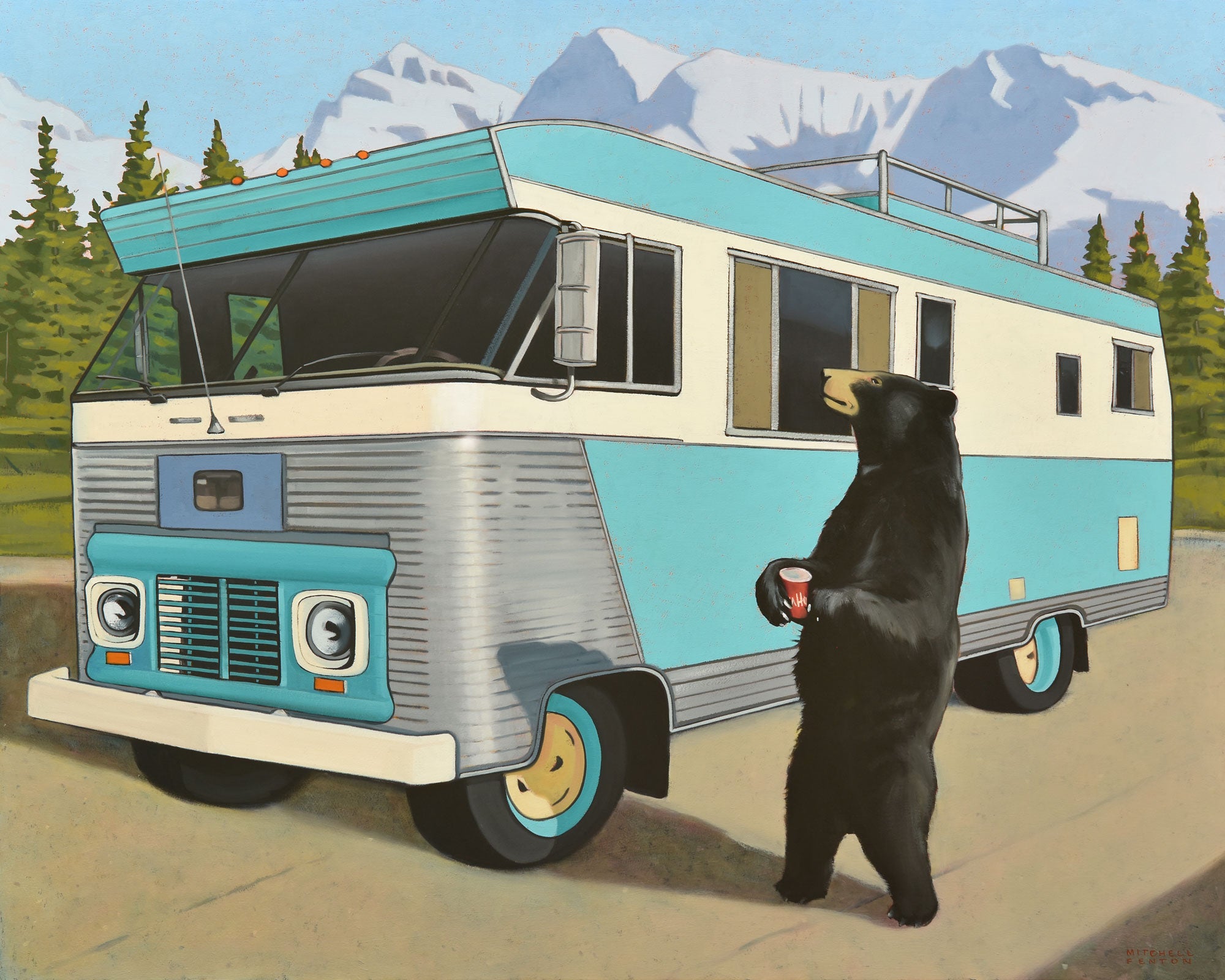 Picture of a Vintage 1963 Condor RV in the Mountains with a Bear Panhandling with a Tim Horton's Cup in Hand