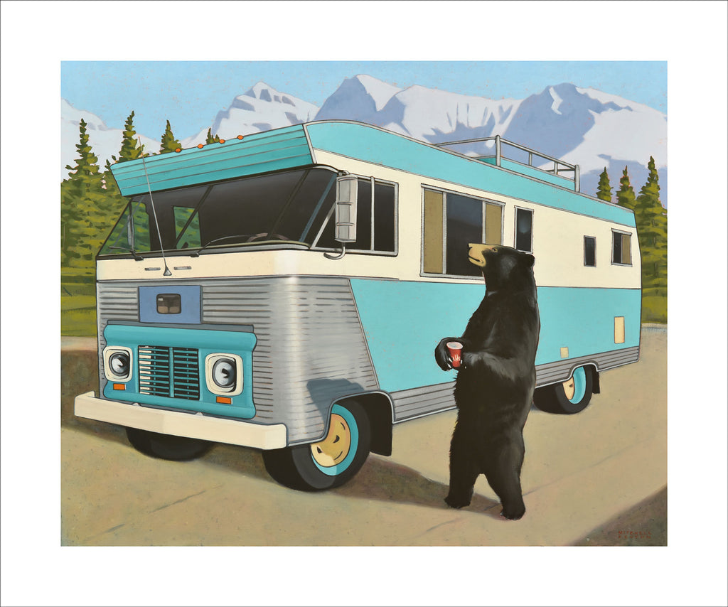 Picture of a Vintage 1963 Condor RV in the Mountains with a Bear Panhandling with a Tim Horton's Cup in Hand