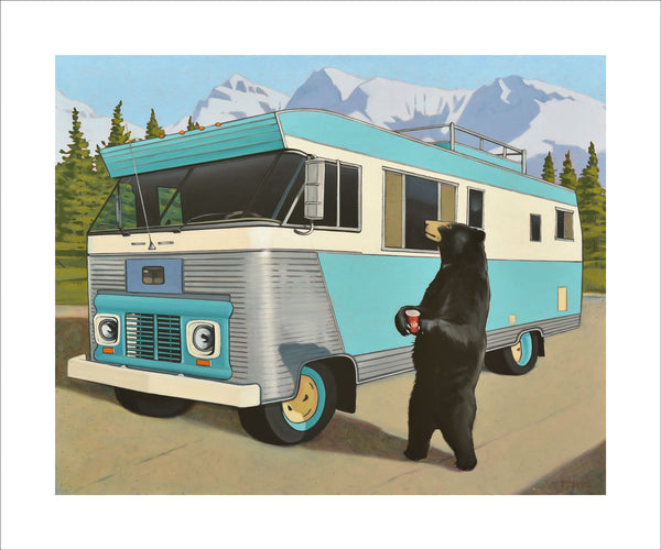 Picture of a Vintage 1963 Condor RV in the Mountains with a Bear Panhandling with a Tim Horton's Cup in Hand