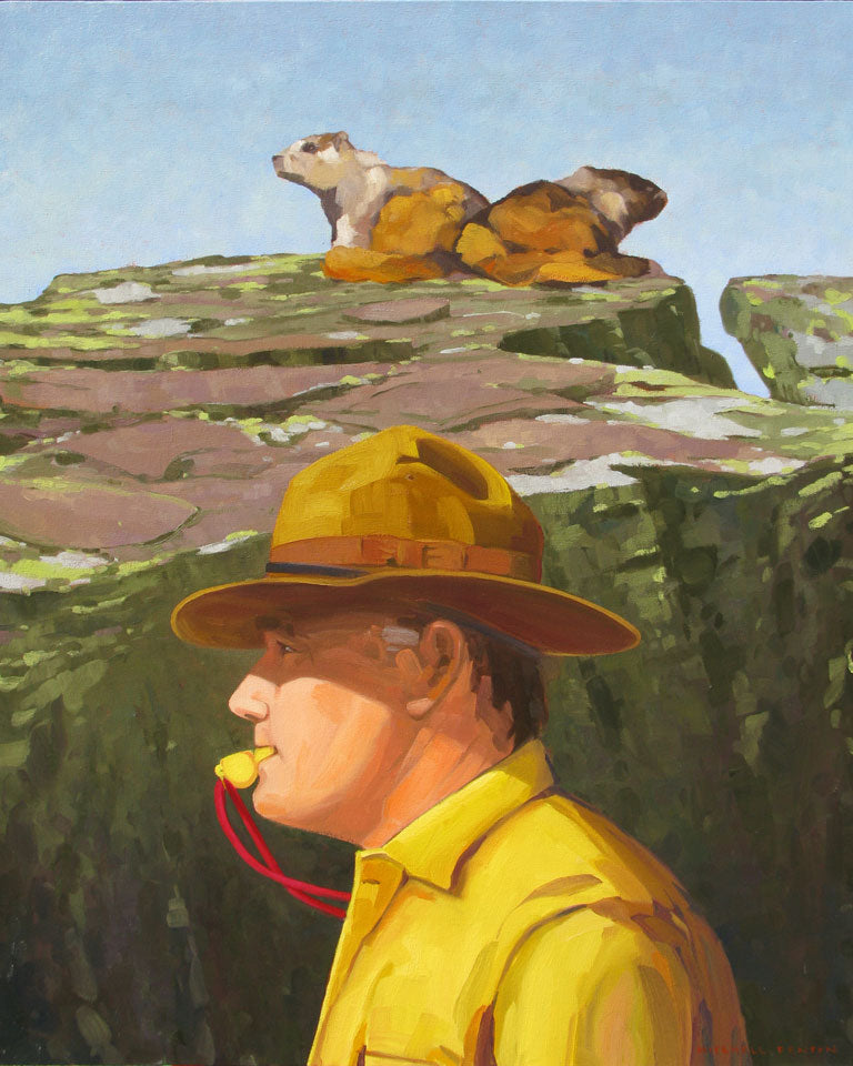 Self-portrait oil painting of Mitchell Fenton with marmots in the mountains