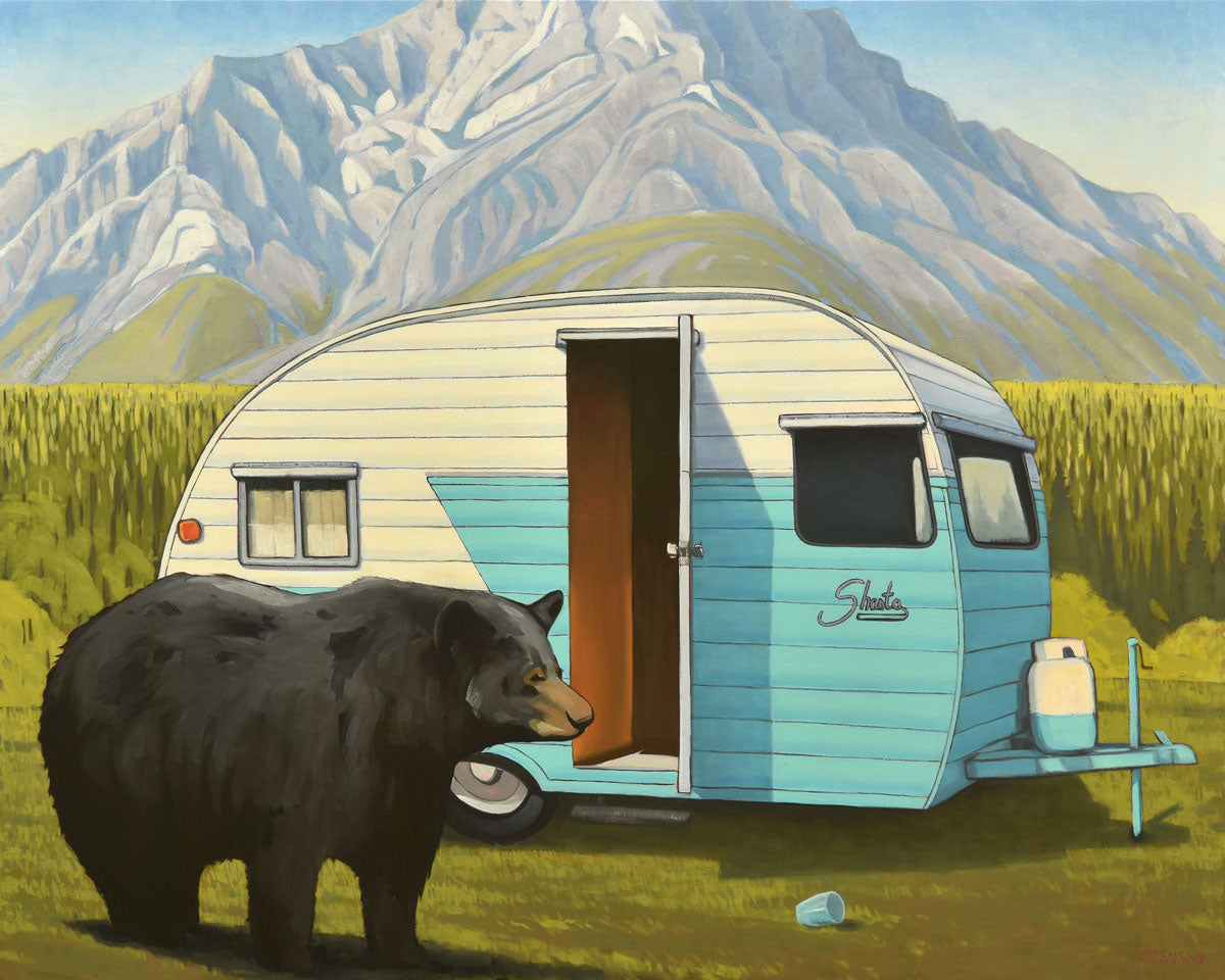 Vintage Turquoise Shasta Camping Trailer in the Mountains with a Bear Rummaging Just Outside the Door