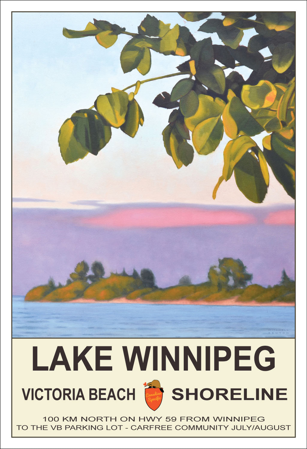 painting of shoreline of Lake Winnipeg near Sandy Bay with an Elm tree branch in the foreground