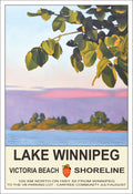painting of shoreline of Lake Winnipeg near Sandy Bay with an Elm tree branch in the foreground
