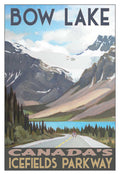 Poster of Bow Lake and Canada's Icefields Parkway with mountains, lake, highway and trees.