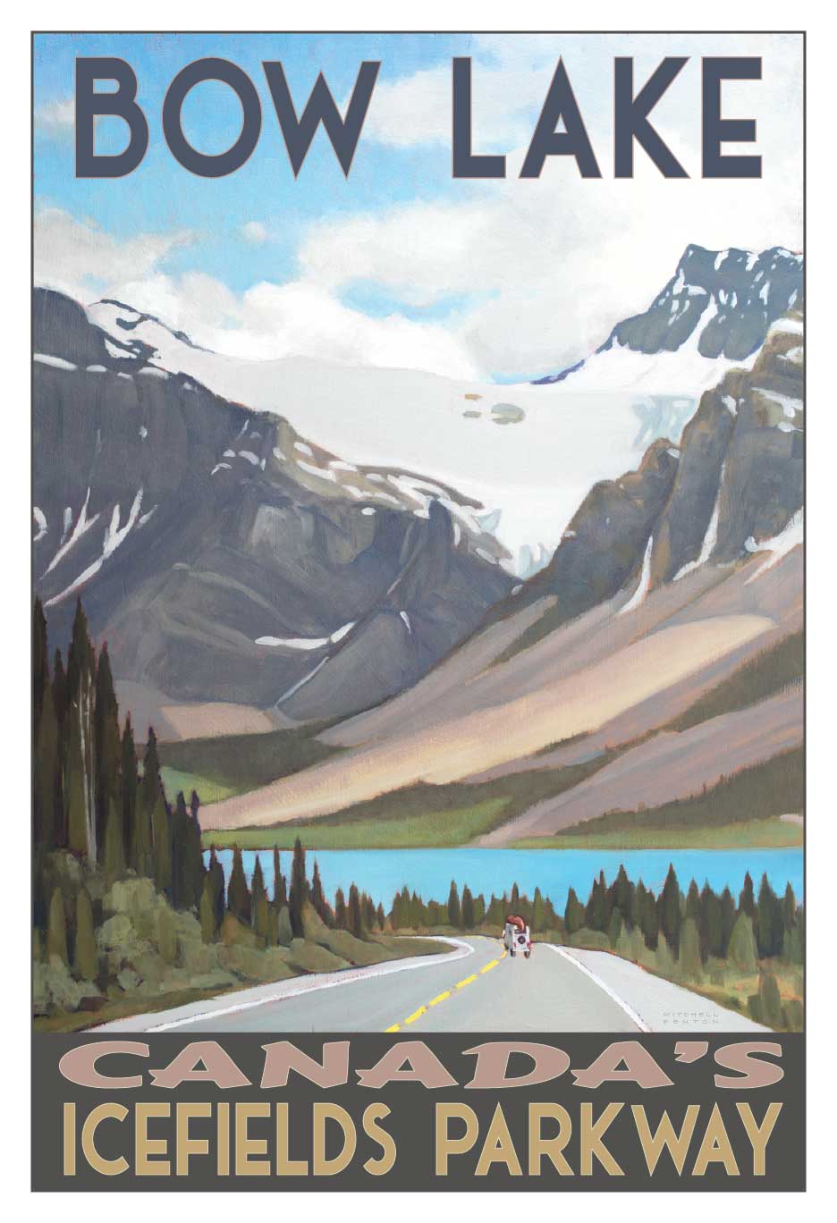 Poster of Bow Lake and Canada's Icefields Parkway with mountains, lake, highway and trees.