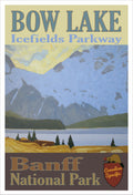 Vintage-style poster of Bow Lake in Banff National Park with mountains and lake.