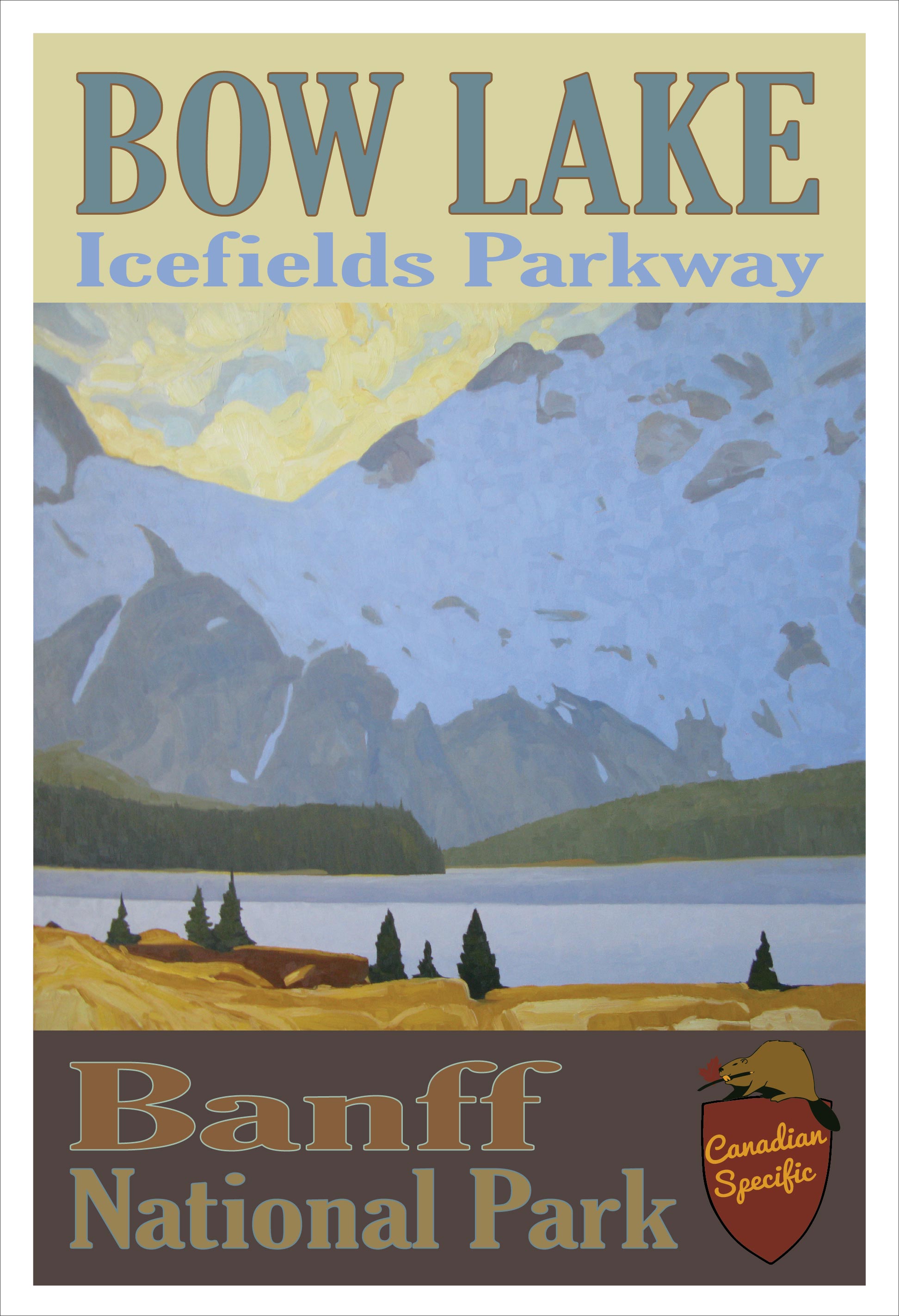 Vintage-style poster of Bow Lake in Banff National Park with mountains and lake.