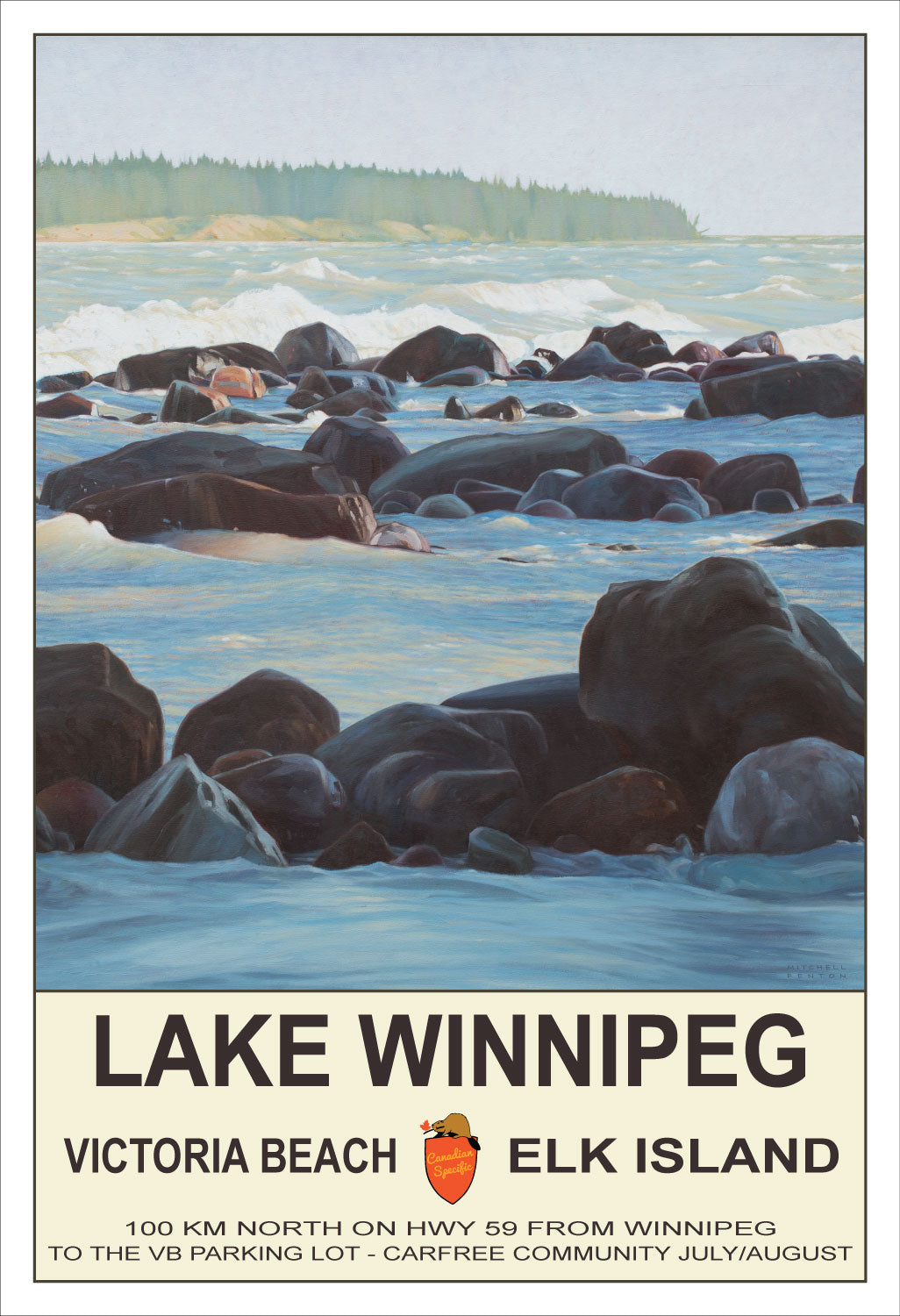 painting  of Lake Winnipeg looking towards the southerly tip of Elk Island with rocks and waves in the foreground