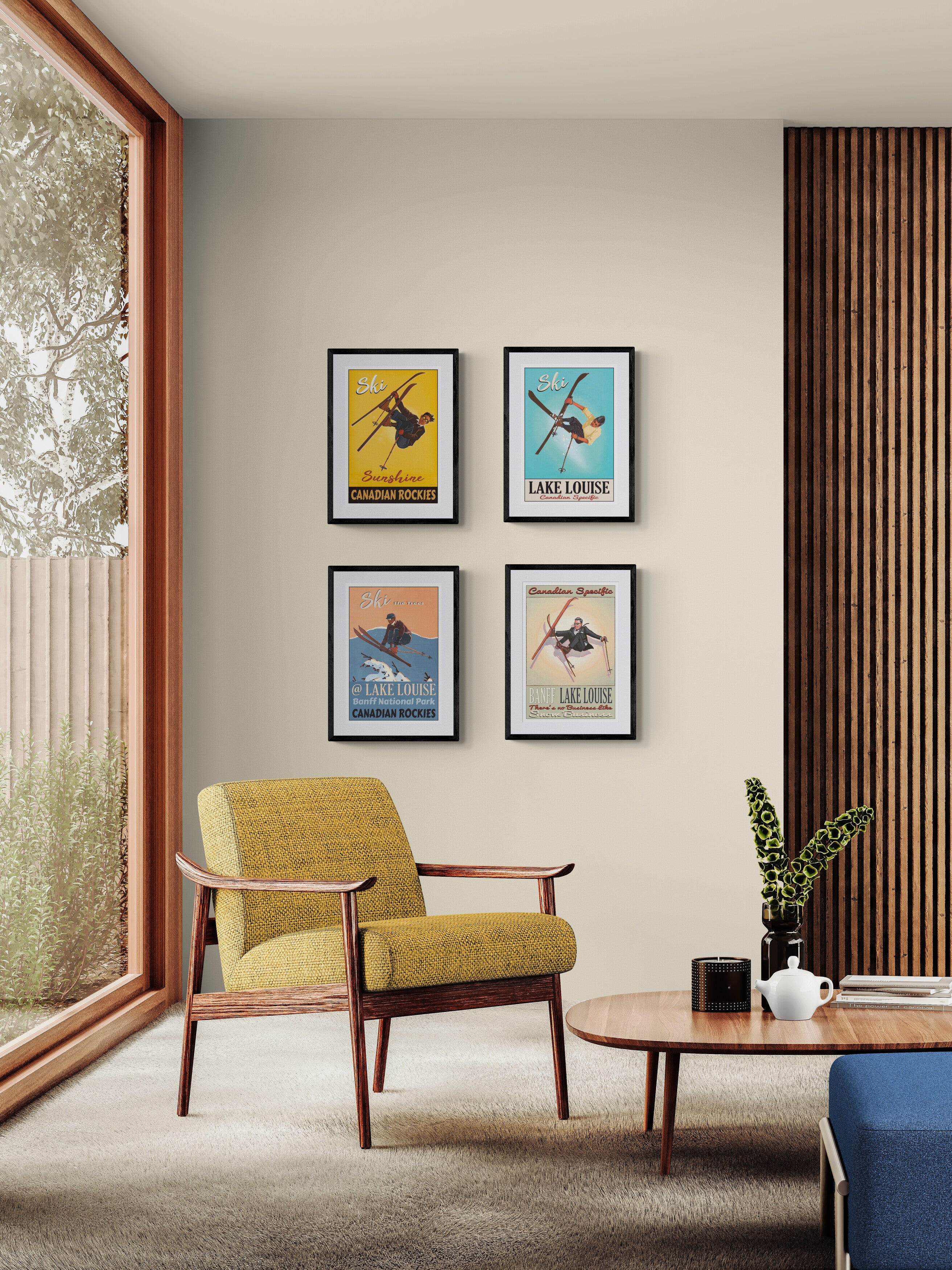 Modern living room with a yellow armchair, wooden coffee table, and four framed posters on the wall depicting vintage skiers performing various tricks.