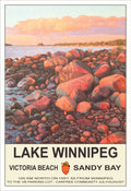 painting of Lake Winnipeg shoreline looking towards Sandy Bay beach at sunset with rocks in the foreground