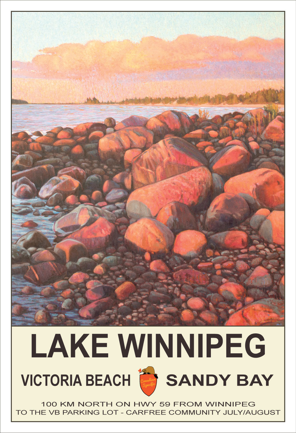 painting of Lake Winnipeg shoreline looking towards Sandy Bay beach at sunset with rocks in the foreground