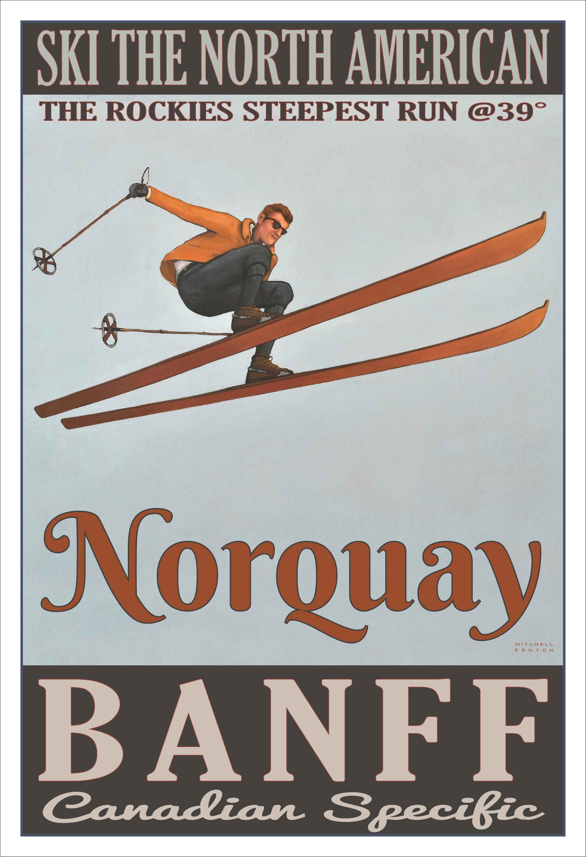 Vintage-style advertisement poster for skiing in Banff, Norquay, with a skier in mid-air.