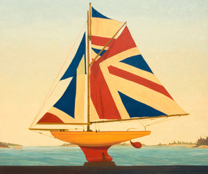 Picture of a  Pond Yacht with Union Jack Sails facing West floating above water in Georgian Bay