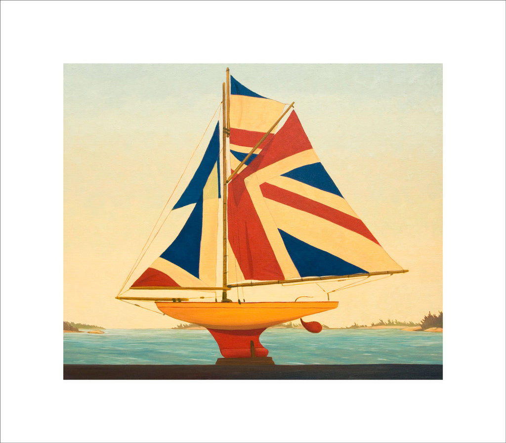 Pond Yacht with Union Jack Sails facing West floating above Georgian Bay with 2-inch white border all around