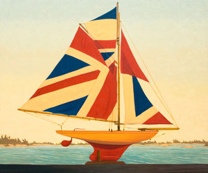 Picture of a  Pond Yacht with Union Jack Sails facing East floating above water in Georgian Bay