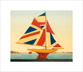 Pond Yacht with Union Jack Sails facing East floating above Georgian Bay with 2-inch white border all around.