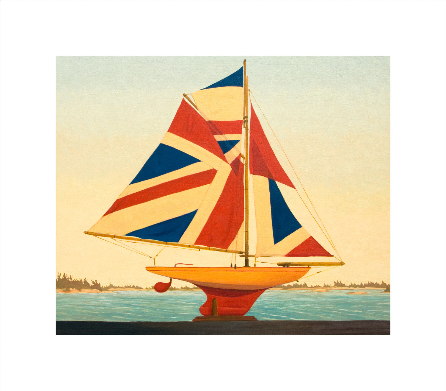 Pond Yacht with Union Jack Sails facing East floating above Georgian Bay with 2-inch white border all around.