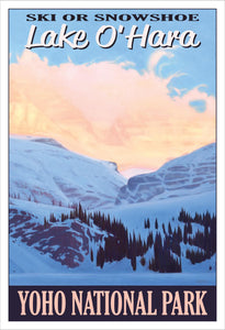 vintage style poster with alpenglow mountain scene  - Ski or Showshoe Lake O'Hara, Yoho National Park