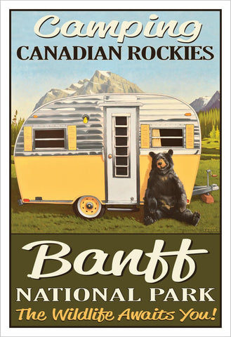 Poster of vintage boler trailer with bear leaning against it in the Canadian Rockies