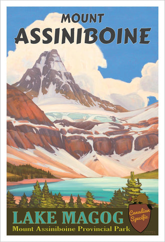 poster of Mount Assiniboine with Lake Magog in the foreground  with text based on an original oil painting by Mitchell Fenton