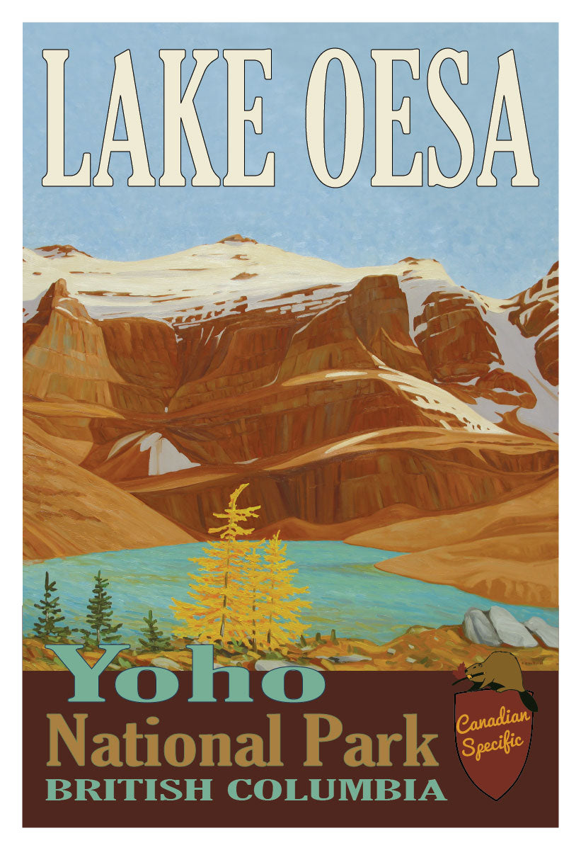 poster of lake oesa with golden larches in the foreground