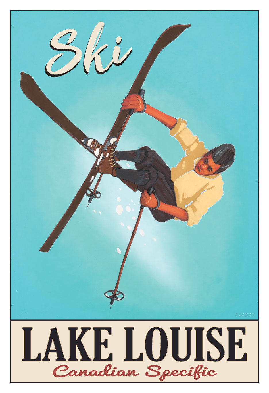 Vintage style ski poster of freestyle skier executing a Mute Grab