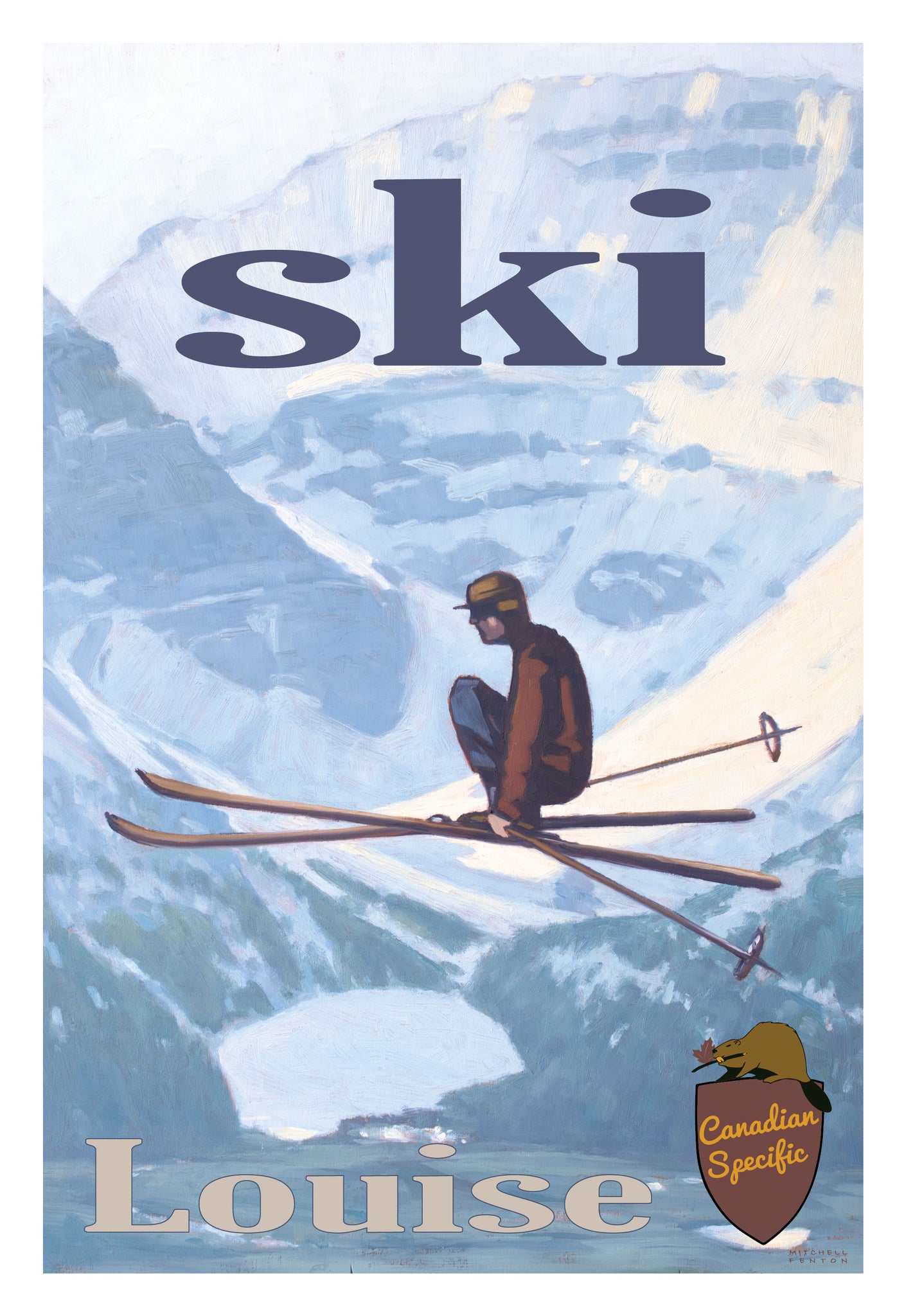 Ski Lake Louise vintage style poster with freestyle skier in wooden skis and Lake Louise visible behind