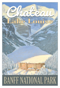 poster of Lake Louise in the winter with the Chateau in the foreground as viewed from high up. A vintage-style poster based on an original oil painting by Mitchell Fenton