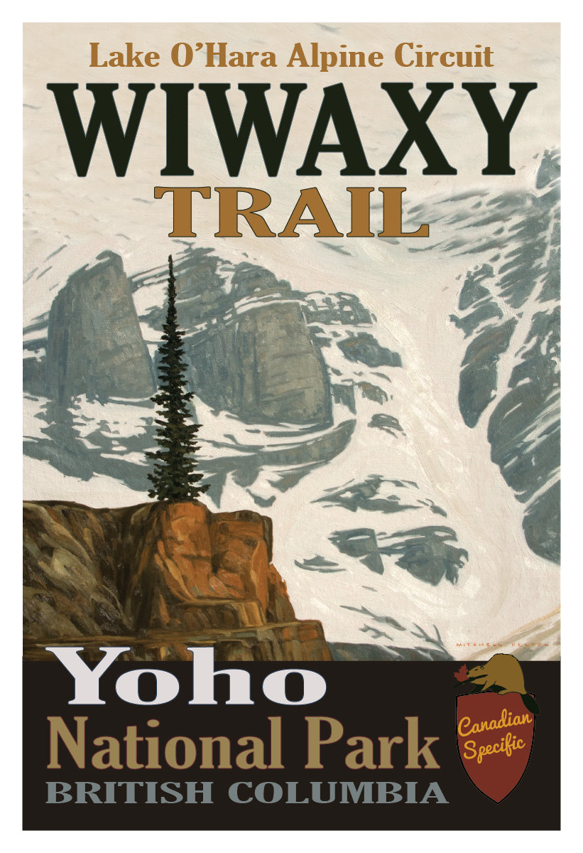 vintage-style poster of Wiwaxy Trail showing a rock ledge with single confierous tree growing and snowy mountainside in the background